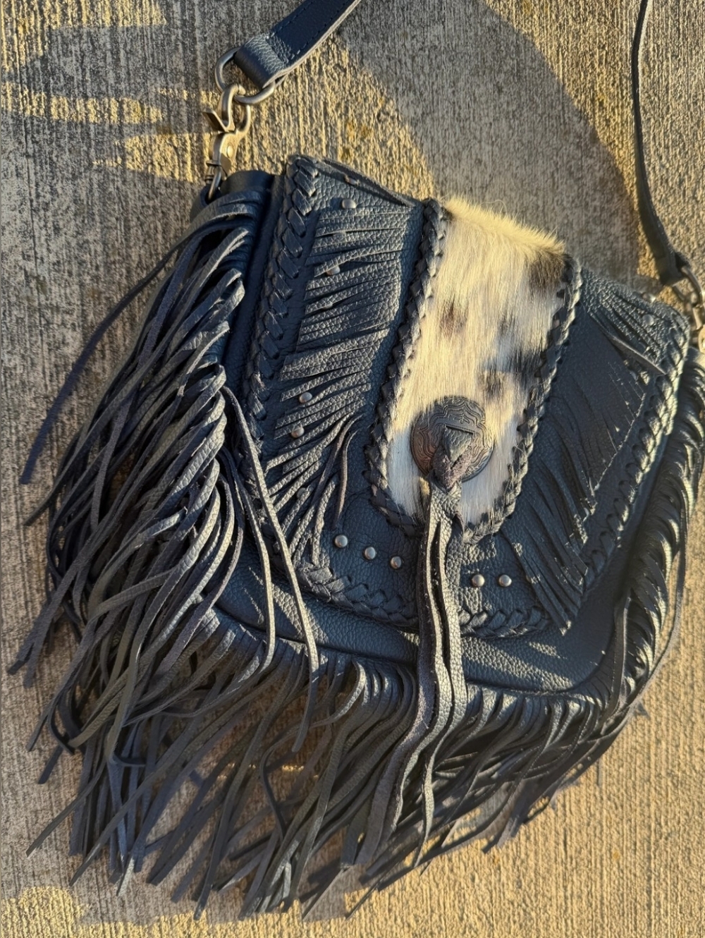 Montana West Genuine Leather Hair-On Cowhide Fringe Bohemian Crossbody - Navy
